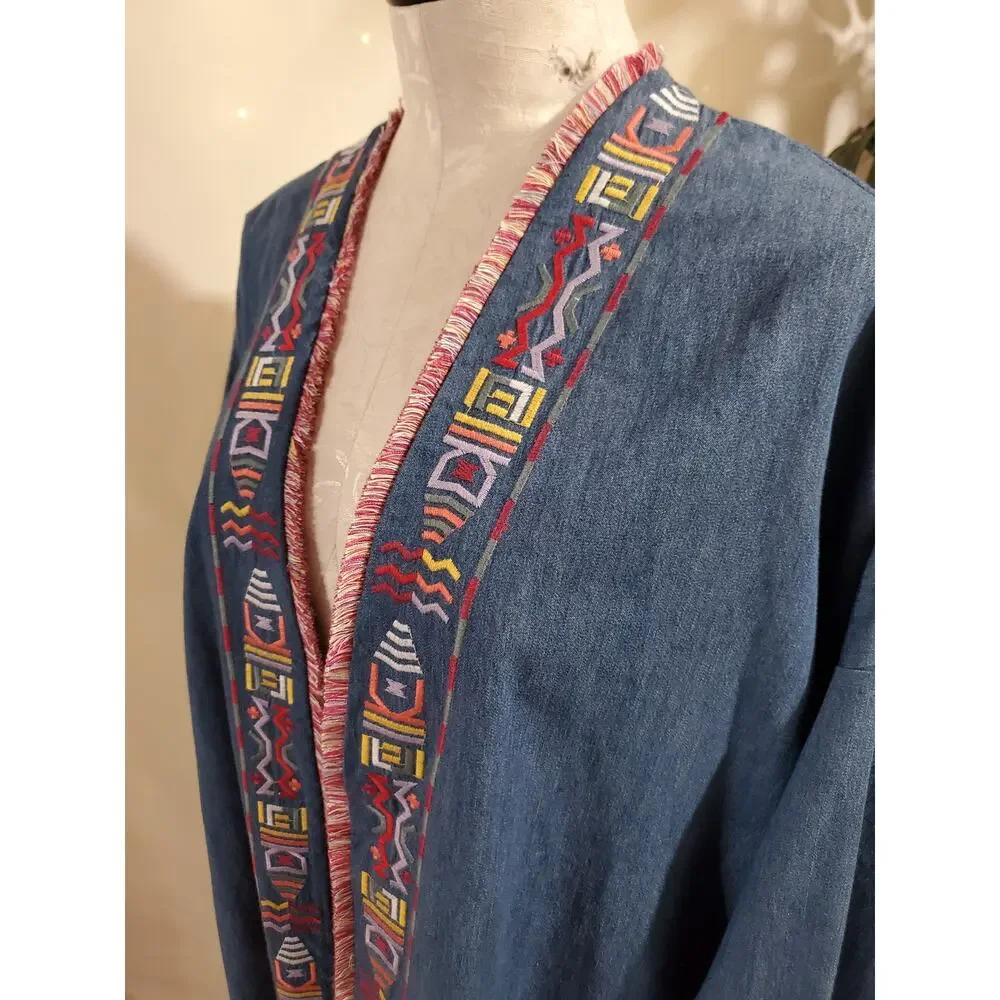 Falls Creek Chambray Denim Embroidered Southwestern Open Cardigan Size 1X Boho